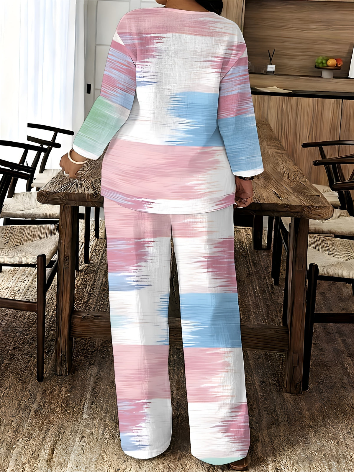 V-Neck Long Sleeve Printed Shirt Pants 2pcs Set Women Floral Digital Print Elastic Waist Casual Loungewear Spring Summer Two-Piece Outfit 15 Colors S-XXL