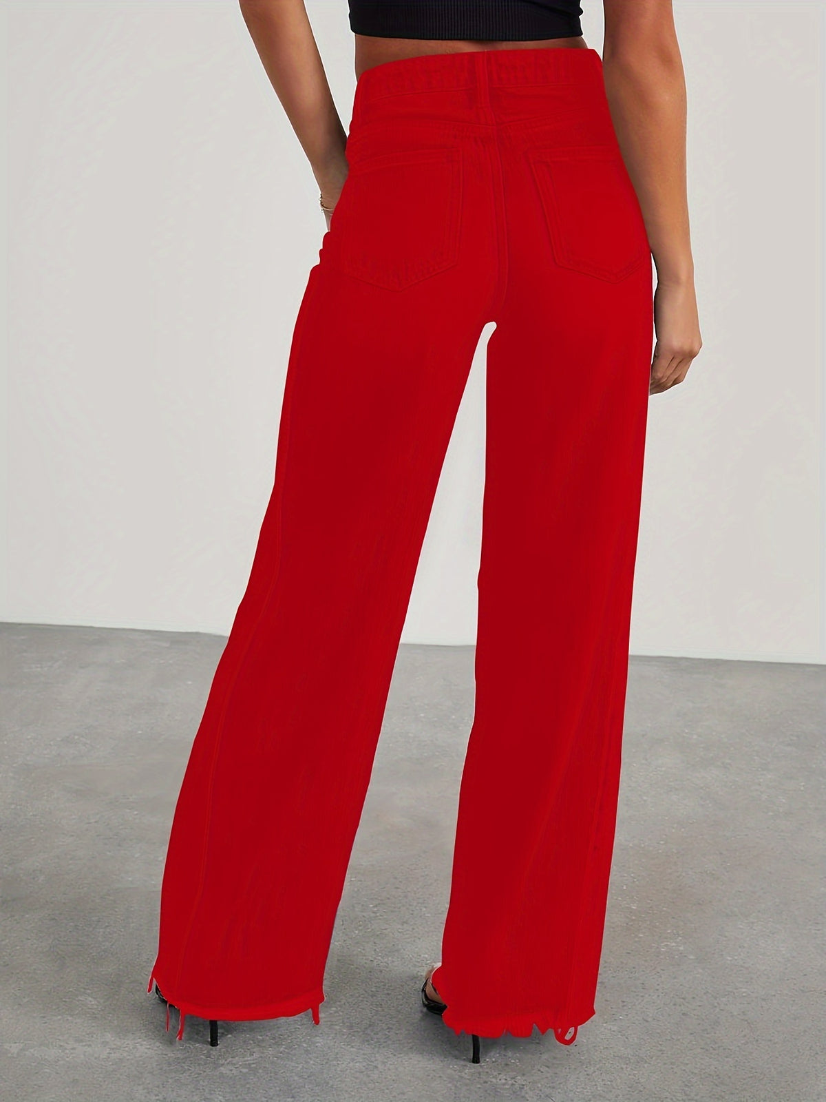 High-Waisted Wide Leg Jeans for Women - Casual Baggy Stretch Denim Pants with Pockets, Relaxed Fit Solid Color Trousers for Everyday & Weekend Wear