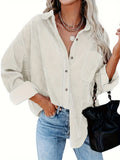 Women's Corduroy Oversized Shacket Long Sleeve Button Up V-Neck Shirt Jacket Loose Blouse with Pockets Fall Winter