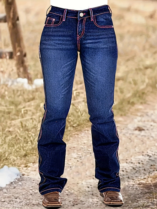 Color Block Embroidered Flared Jeans for Women Butt Lifting High Waist Vintage Denim Flare Pants Trendy Streetwear All Season Dark Blue