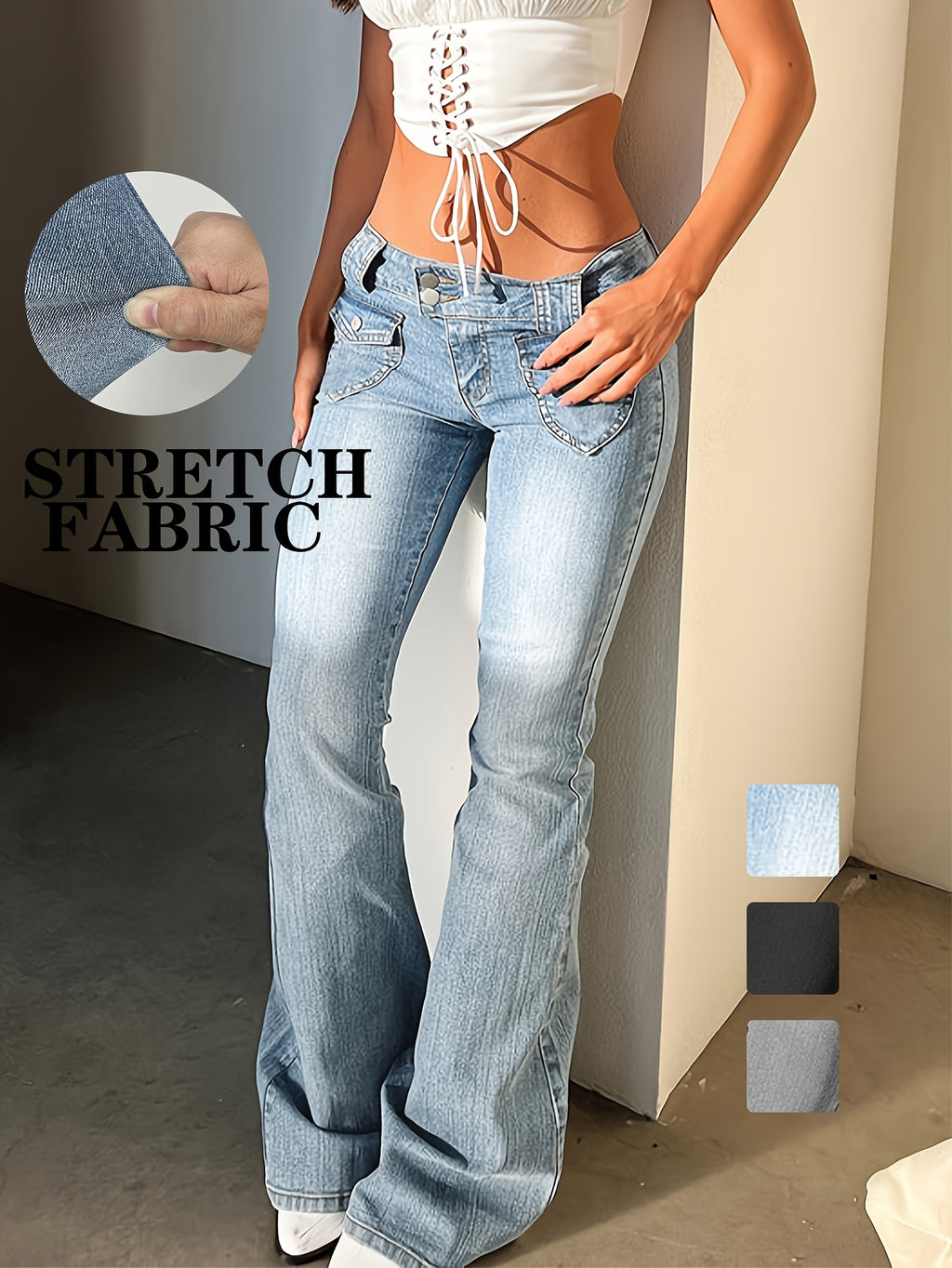 Multicolor Retro Low-Waisted Flared Jeans for Women Y2K Wide-Leg Trousers Slim Elastic Street Style XS-XXL