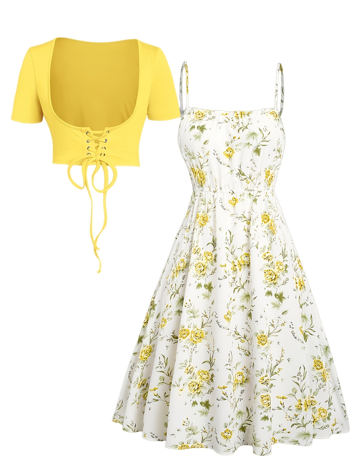 Women Floral Print Cami Dress and Lace Up Crop Top 2 Piece Set Sleeveless Waisted Summer Vacation Beach Casual Matching Outfit