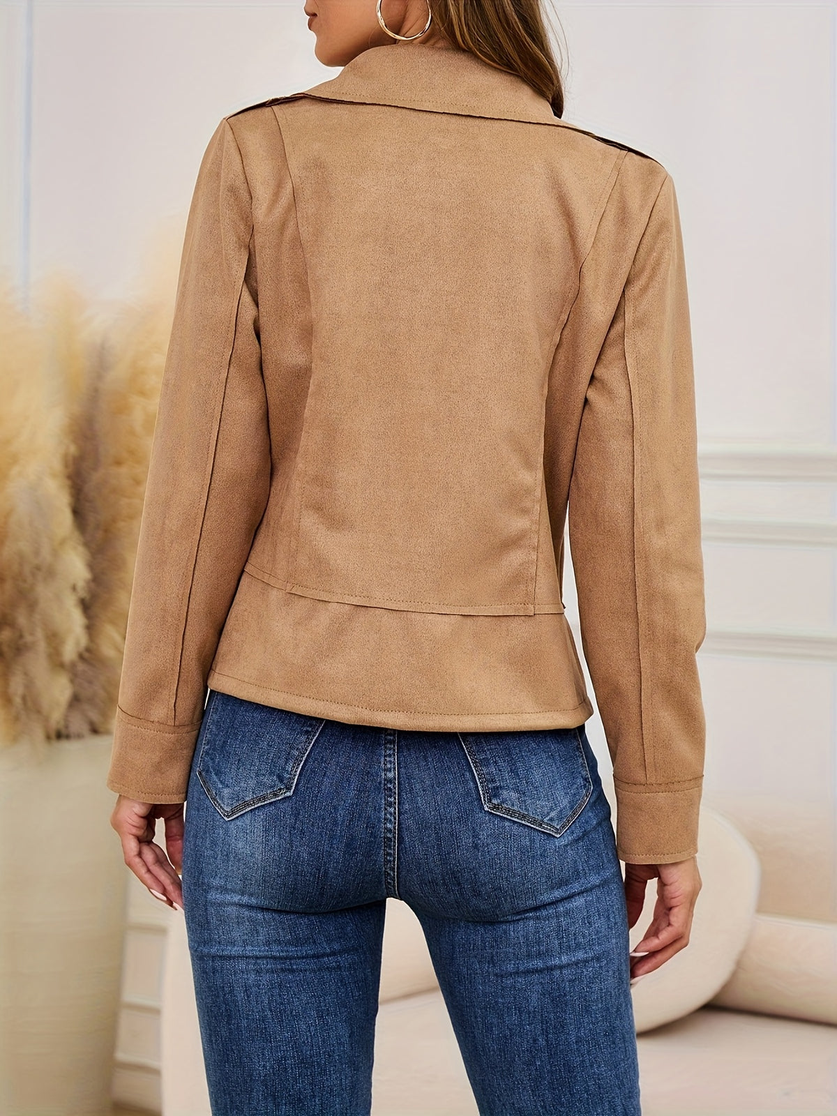 Women Faux Suede Leather Jacket Zipper Casual Fashion Outerwear Rose Red Khaki Orange Black S-XL
