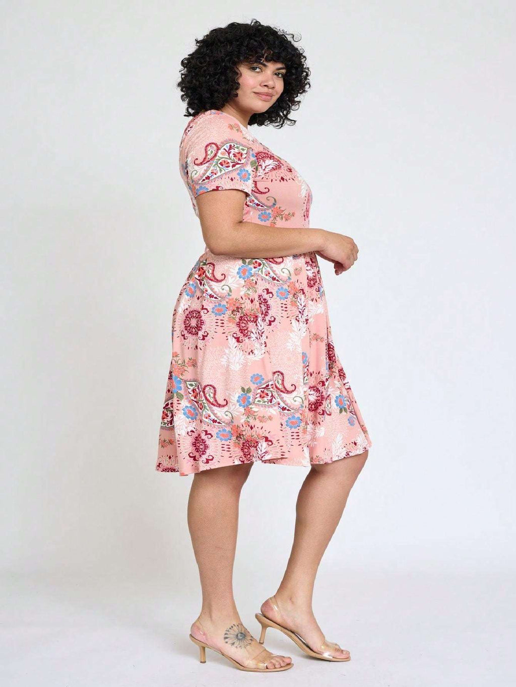 Paisley Floral Swing Dress Women Chevron Stripe Patchwork Pleated Square Neck Elastic Waist Midi Casual Plus Size S-3X