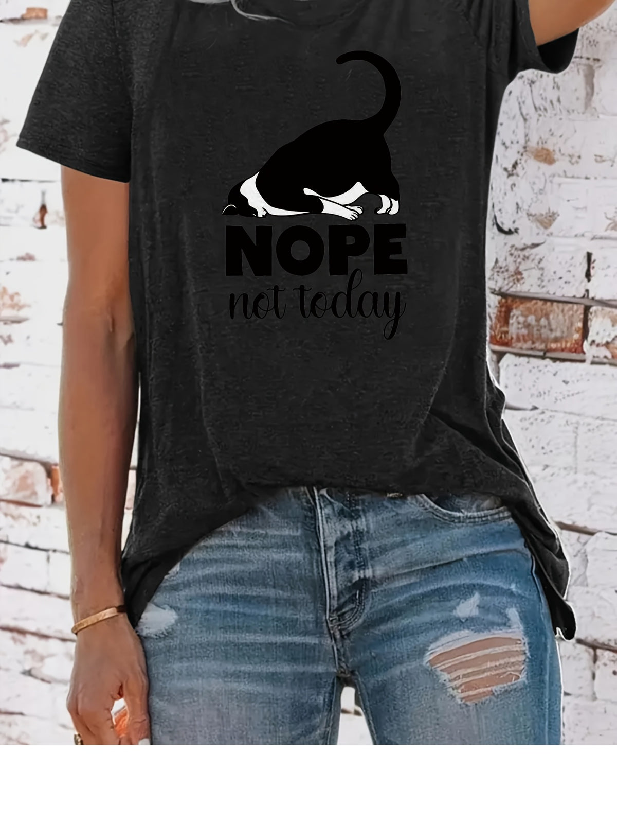 Cute Cat Graphic T-Shirt Women Nope Not Today Slogan Sleeping Cat Print Crew Neck Casual Fun Whimsical Tee Cat Lover Gift Birthday Holiday Top S-XXL