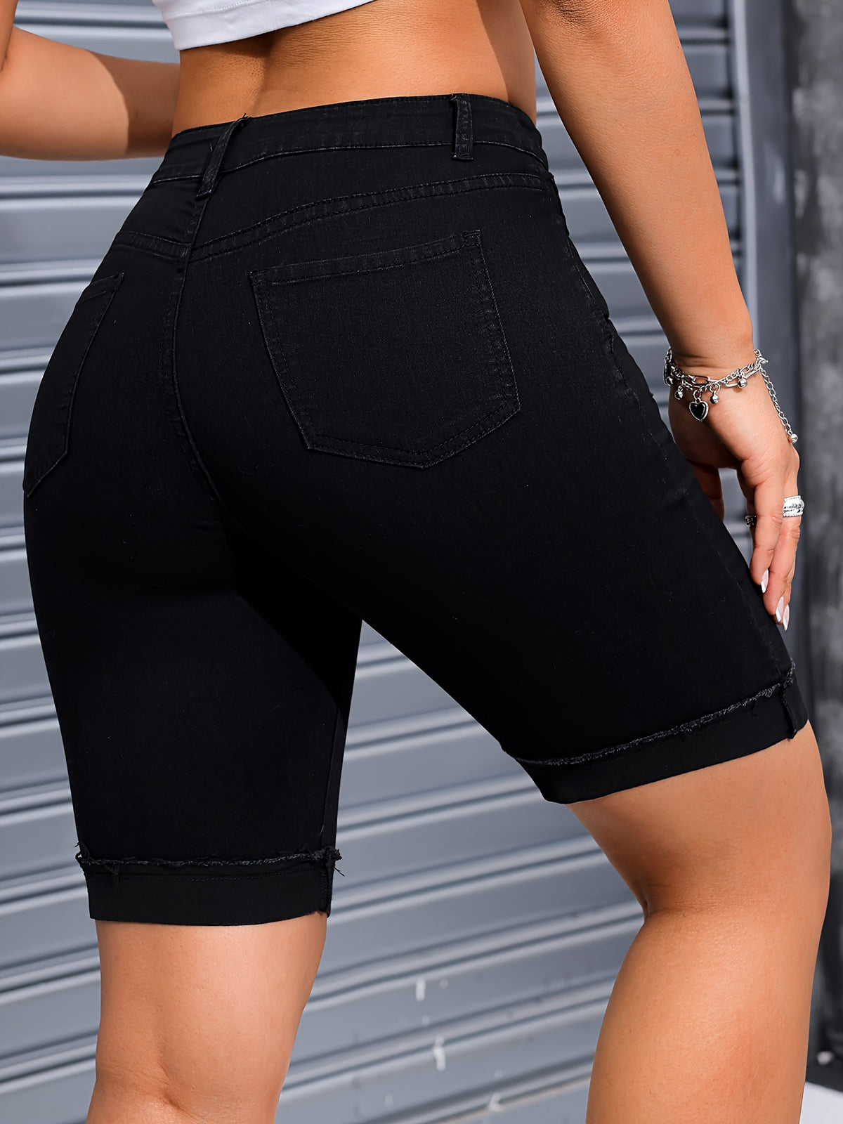 Stretch Denim Riding Pants Women Frayed Hem Slim Fit Casual Skinny Jeans Black XS S M L XL XXL