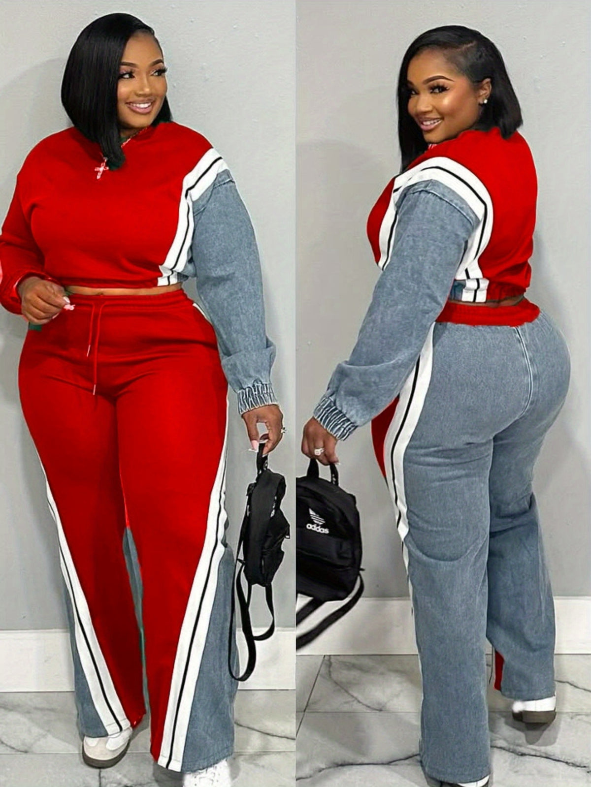 2pcs Tracksuit Set Women Color Block Contrast Stripe Cropped Top Wide-Leg Pants Casual Urban Streetwear Jogger Outfit