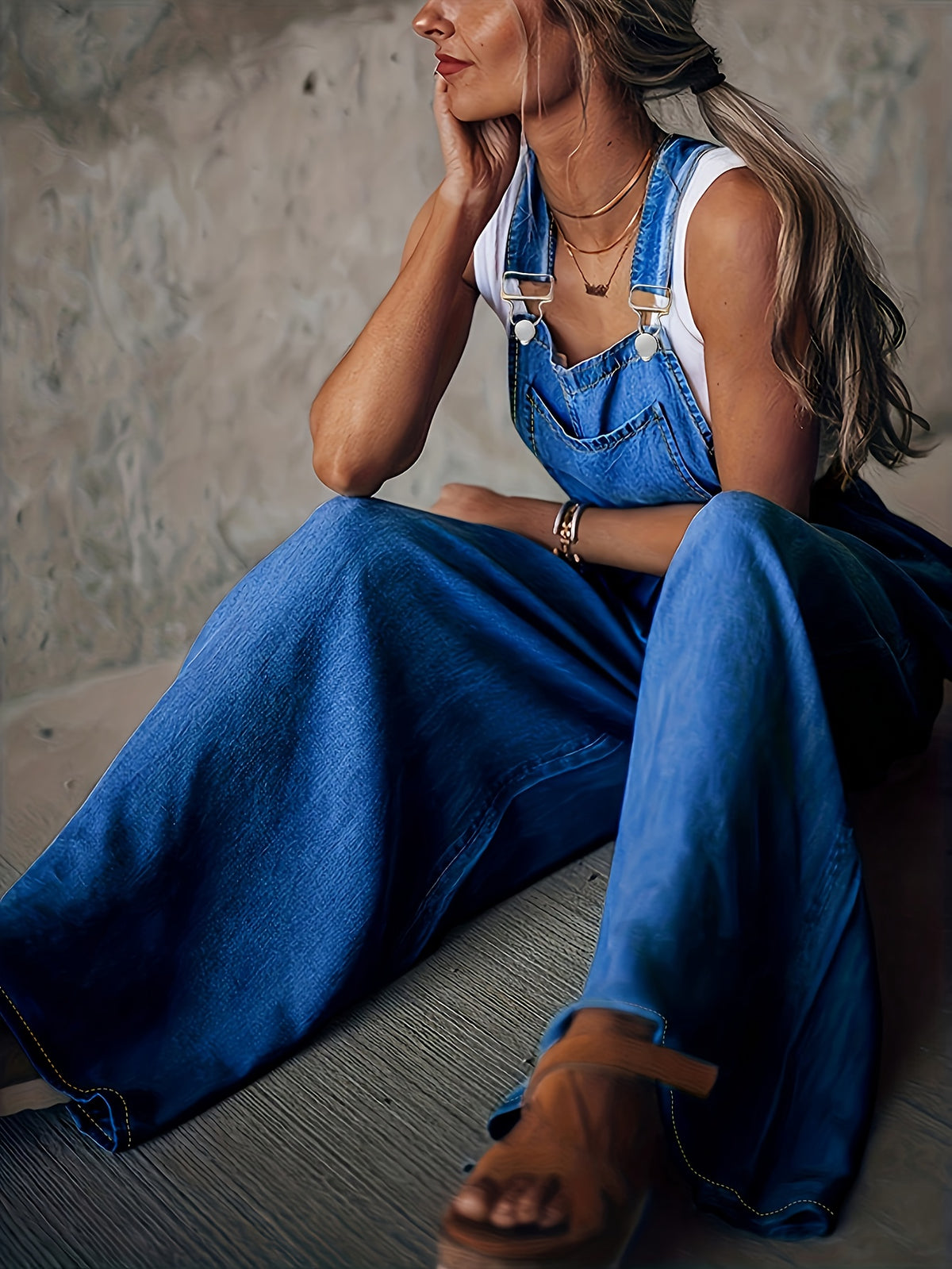 Women's Wide-Leg Denim Overall Pants Adjustable Shoulder Straps Large Pockets Loose Casual S-XXL