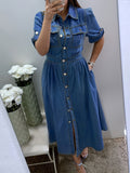 A-Line Denim Shirt Dress Women Collared Short Sleeve Button Front Pocket Jean Dress Casual Solid Color Spring Summer Everyday Wear