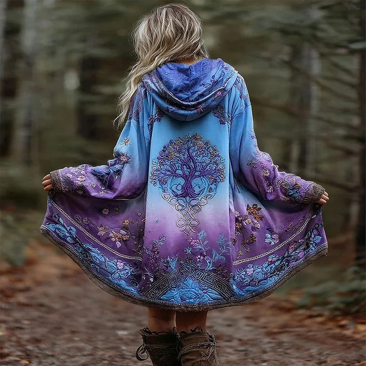 Bohemian Tree of Life Gradient Cardigan Women Hooded Oversized Printed Coat Boho Forest Vacation Photoshoot S-XXL