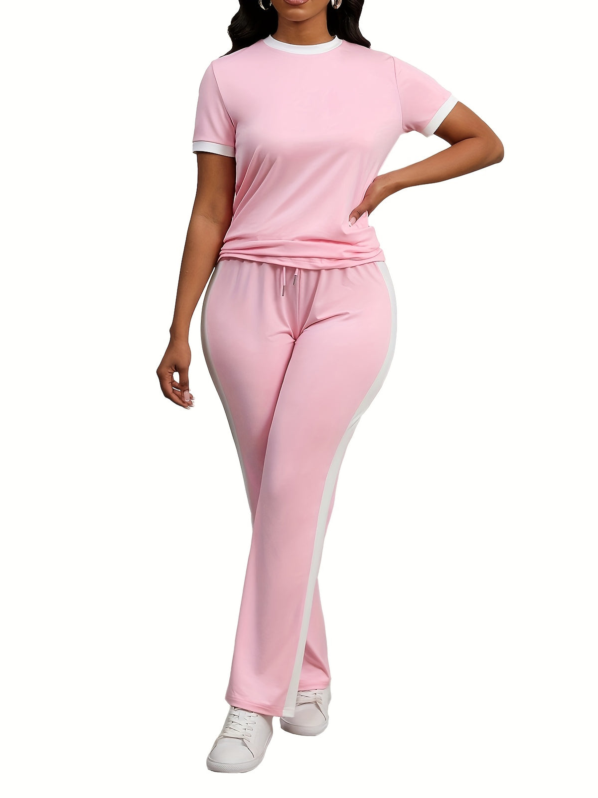 Women Colorblock 2 Piece Tracksuit Set Short Sleeve Crew Neck Top Striped Sweatpants Casual Lounge Jogger Matching Outfit for Workout Everyday Wear