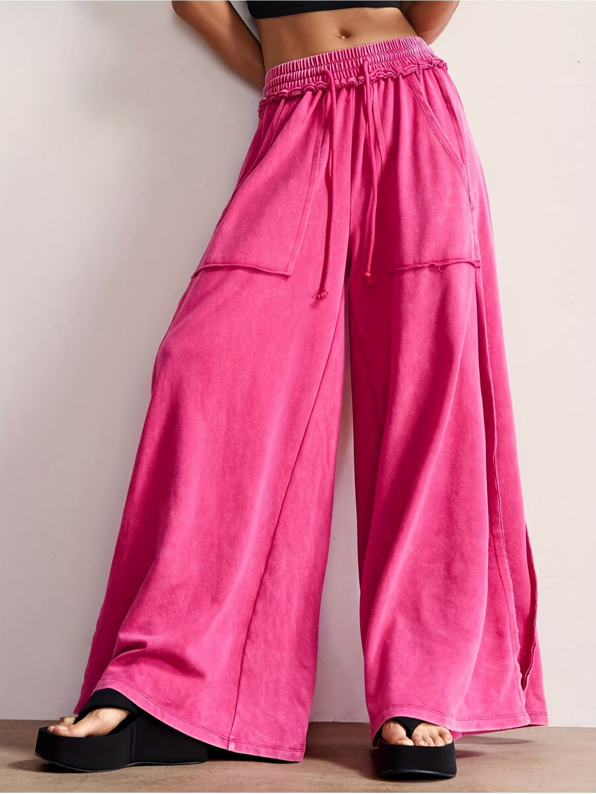 Wide Leg Pants for Women Boho Patchwork Color Block Loose Fit – Casual Washed Fabric High Waist Flowy Trousers, Bohemian Beach Vacation Everyday Streetwear, Chic Comfortable Bottoms S-XXL