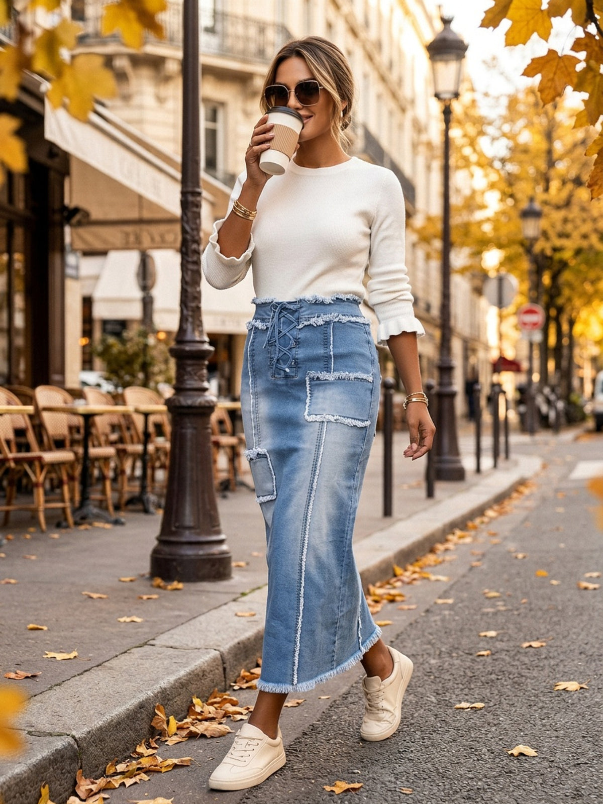 Vintage Distressed Denim Fishtail Midi Skirt Women Frilled Hem Strap Detail Solid Color Casual Western Jean Skirt