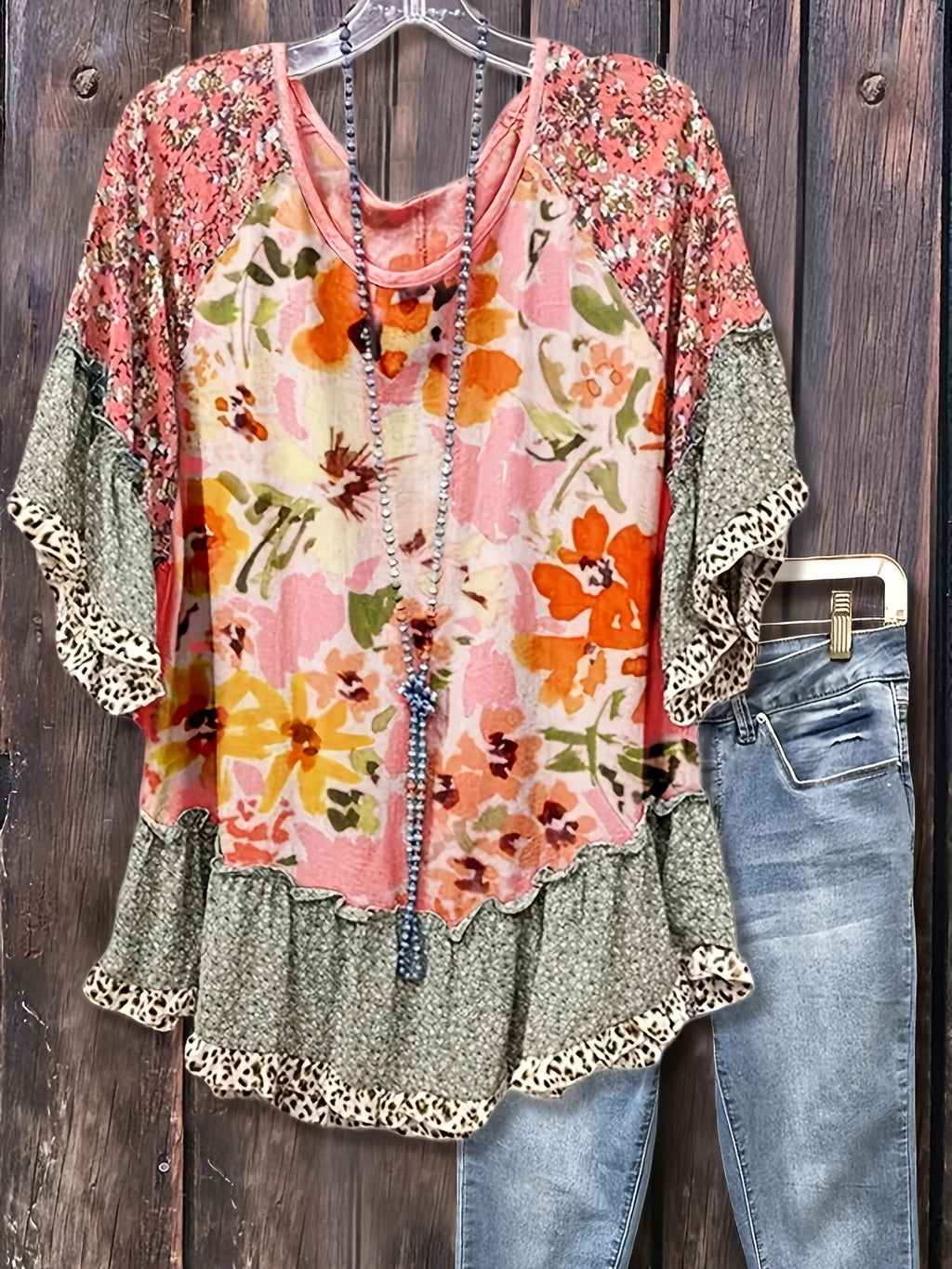 Floral Leopard Patchwork Blouse Women Mixed Print Loose Top Flared Three-Quarter Sleeves Casual Boho Chic Fashion Top S-XXL