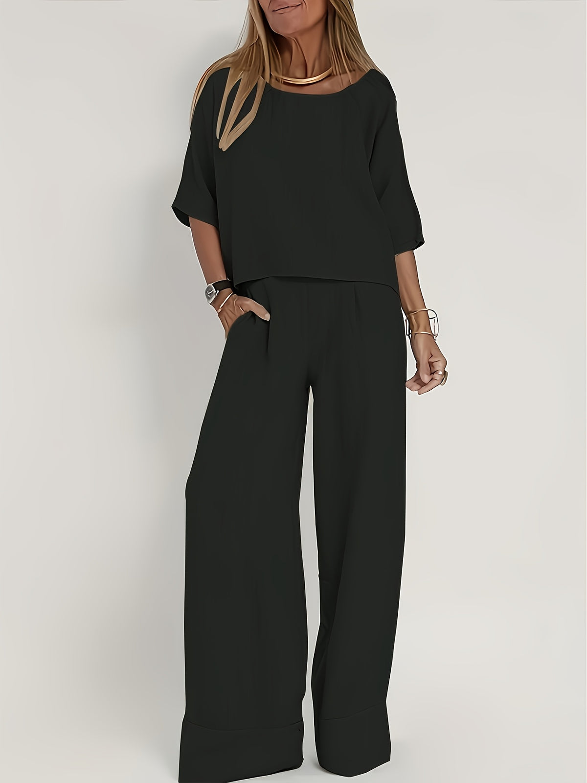 Women Elegant 2 Piece Set Short Sleeve Top High Waist Pants Suit Solid Color Matching Outfit Business Casual Chic Co-ord for Work Summer Spring