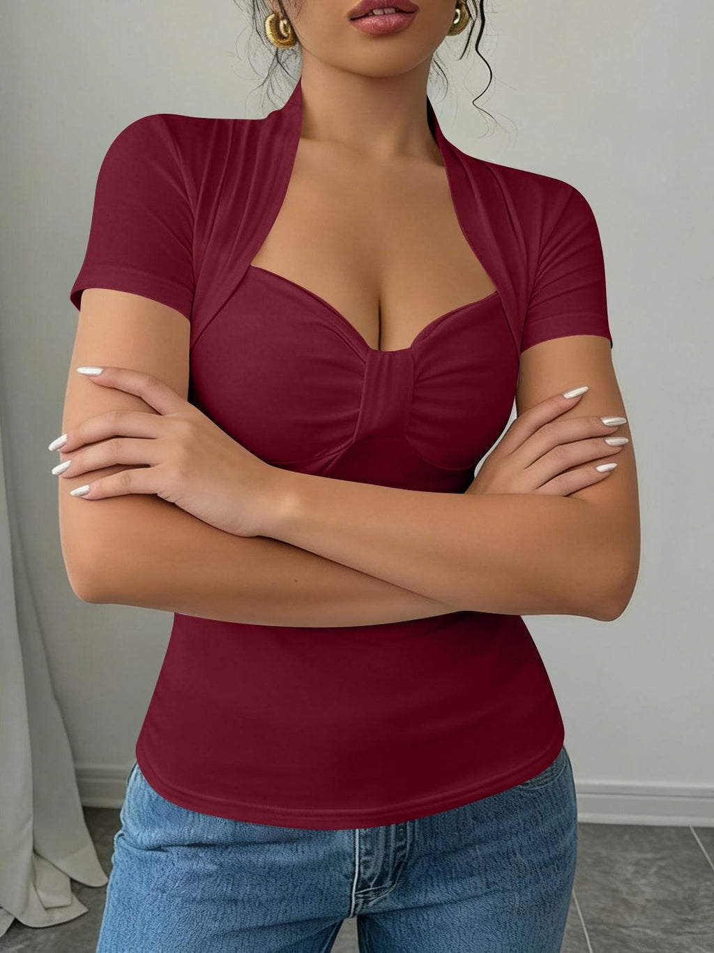 Sweetheart Neck Ruched Front T-Shirt Women Short Sleeve Slim Fit Stretch Tee Solid Color Fitted Casual Top Daily Work Travel Streetwear S-XXL
