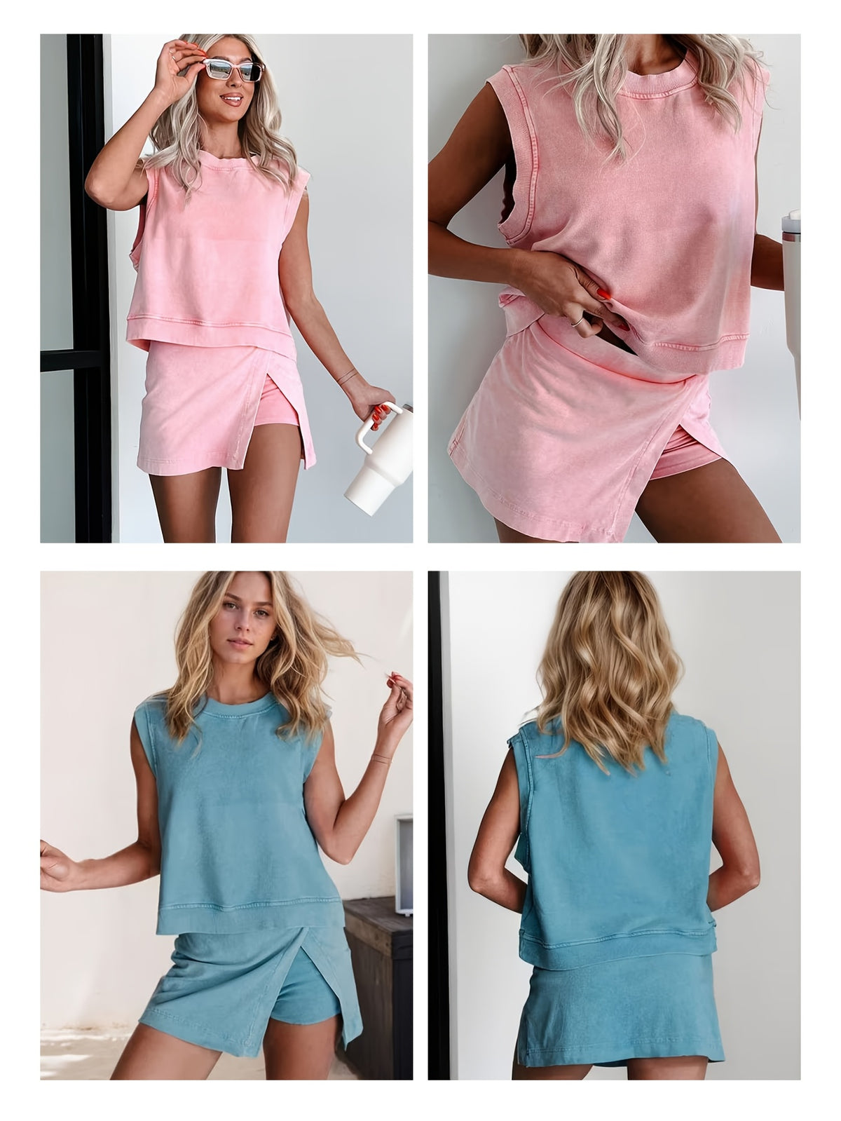 Solid Color 2-Piece Set Women Short Sleeve T-Shirt and Pants Casual Summer Matching Outfit