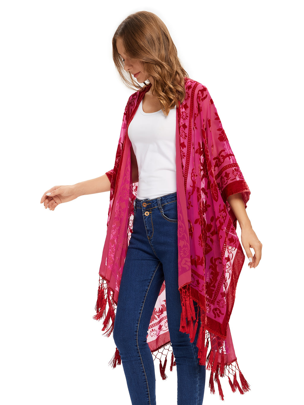 Boho Burnout Velvet Kimono Women Long Cardigan Cover Up Tassel Floral Embroidered One Size
