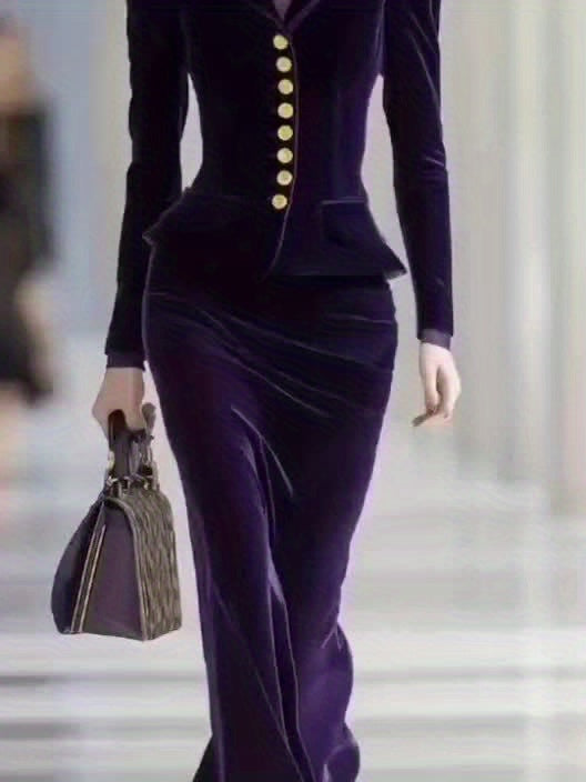 Women's Purple Velvet 2-Piece Suit Set Puff Sleeve Blazer and Maxi Skirt Elegant Autumn Winter Gala Dinner Evening Formal Outfit