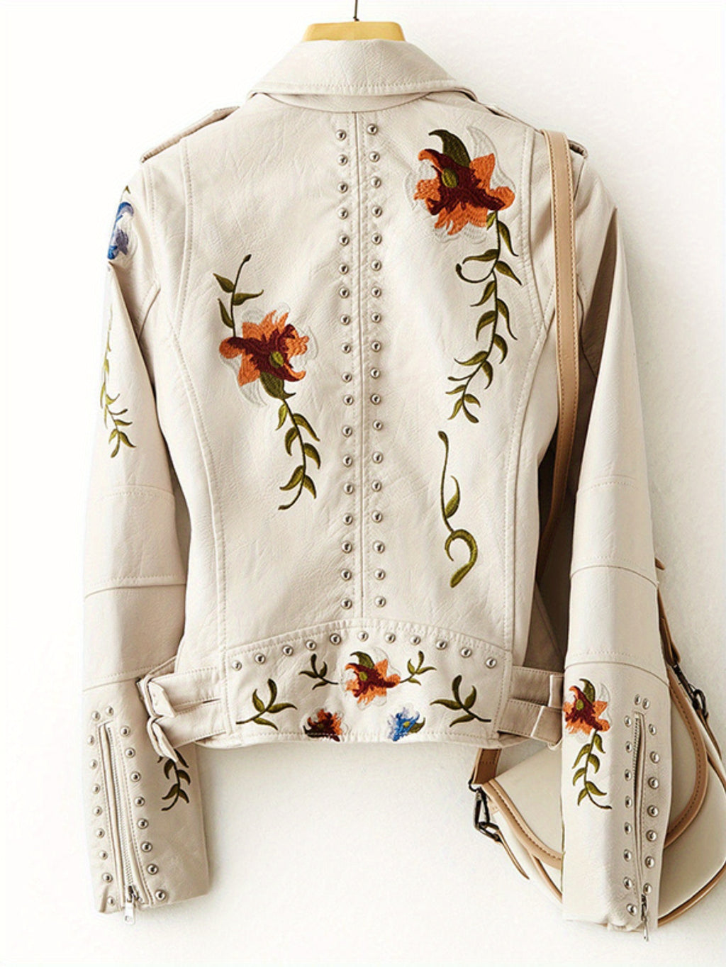 Floral Embroidered Moto PU Jacket Women Studded Faux Leather Coat Casual All Season Streetwear Biker Jacket
