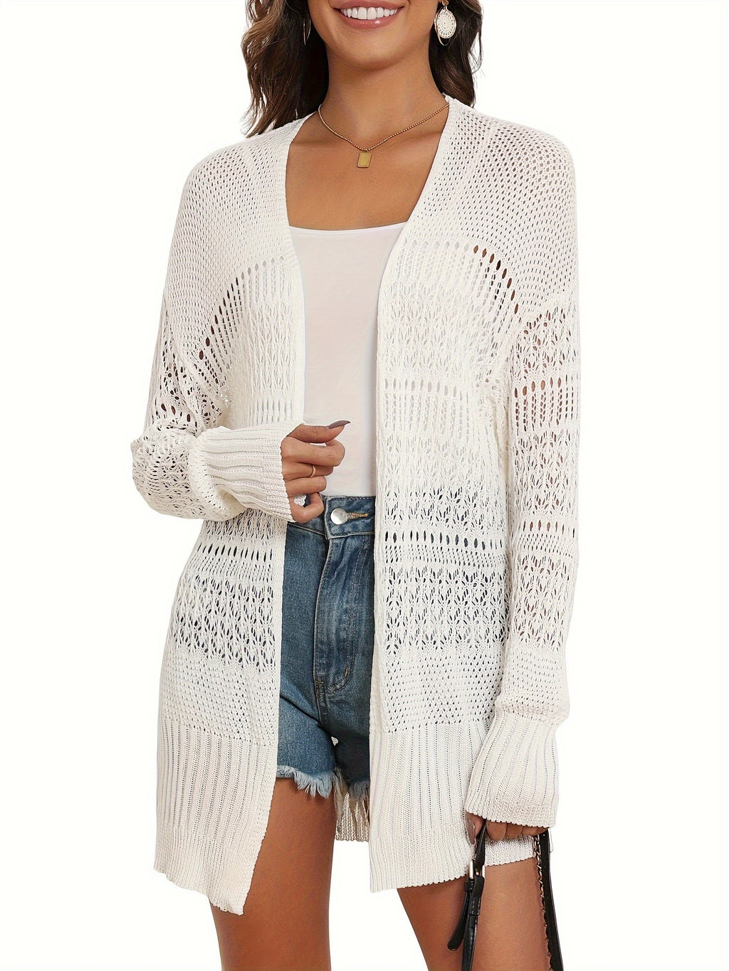 Women's Crochet Cardigan Kimono Long Sleeve Lace Up Front Lightweight Open Front Sweater Layering Top Spring Fall Beach Cover Up
