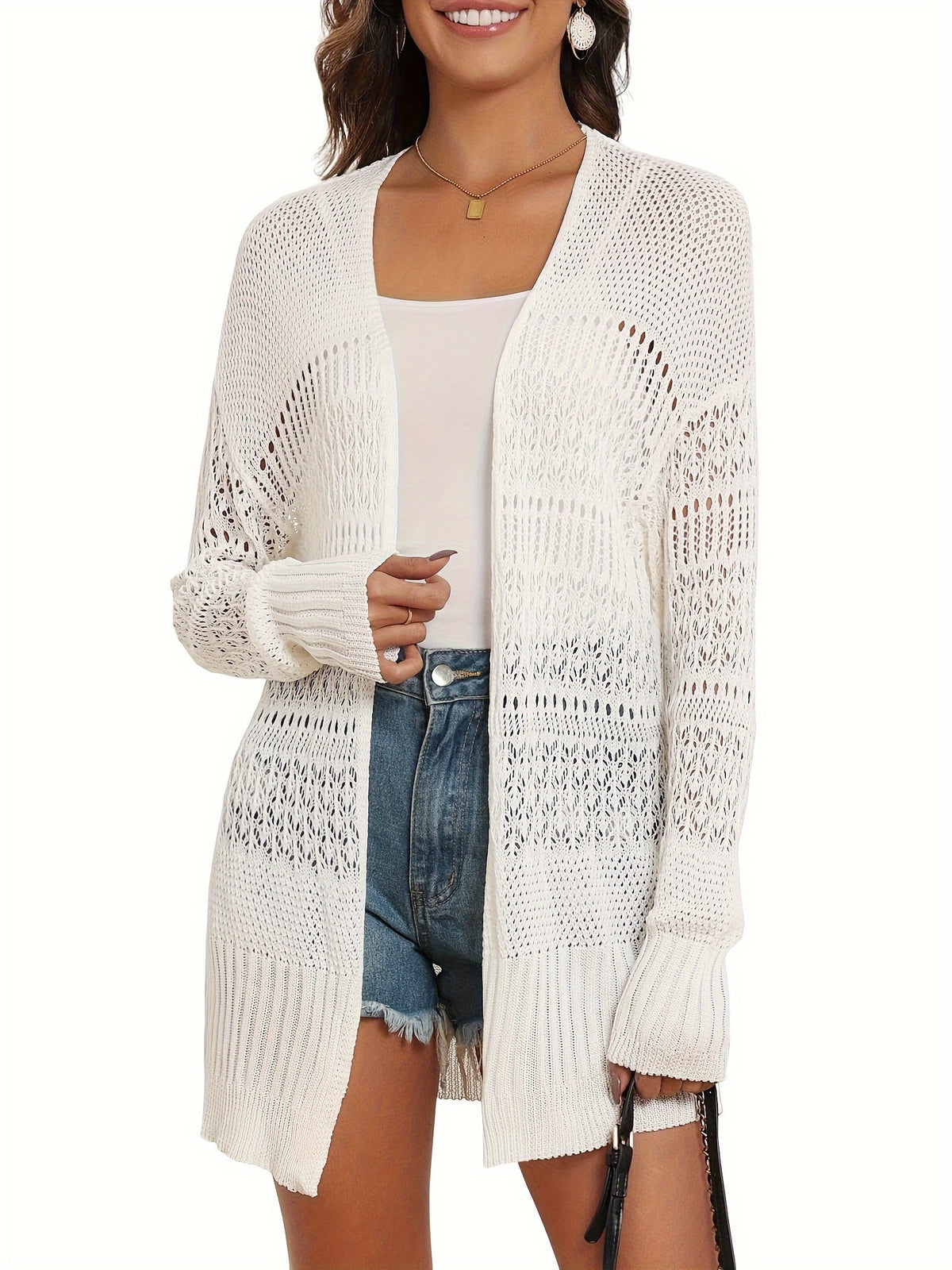 Women's Crochet Cardigan Kimono Long Sleeve Lace Up Front Lightweight Open Front Sweater Layering Top Spring Fall Beach Cover Up