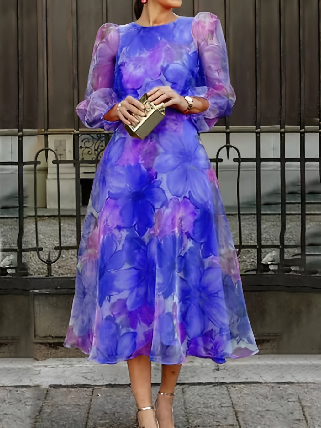 Floral Print Chiffon Maxi Dress Women Ombre Gradient Long Sleeve Back Zipper Flowy Wedding Guest Party Dress