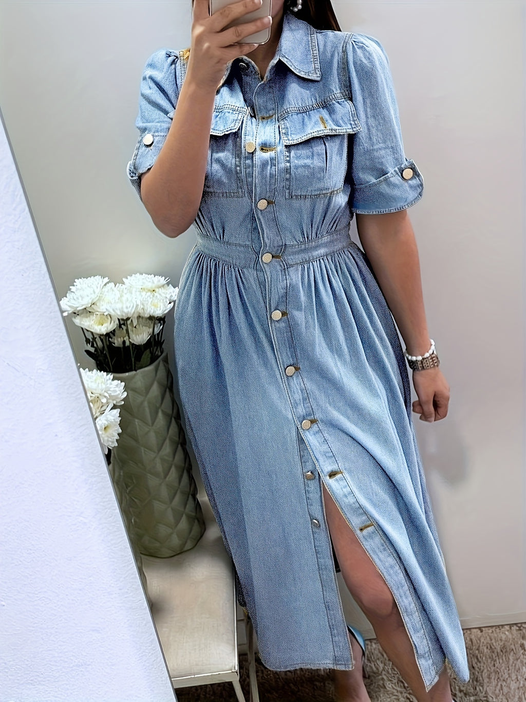 A-Line Denim Shirt Dress Women Collared Short Sleeve Button Front Pocket Jean Dress Casual Solid Color Spring Summer Everyday Wear