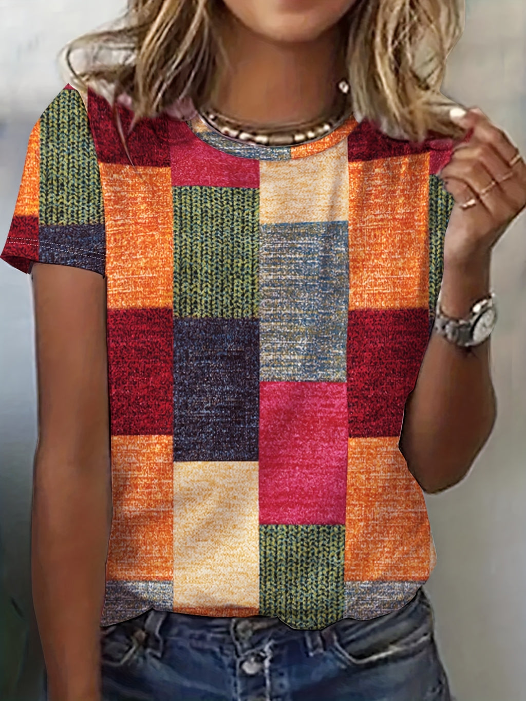 Plaid Print V-Neck T-Shirt Women Short Sleeve 180g Knit Micro Stretch Machine Washable Casual Spring Summer Tee Fashion Top S-XXL