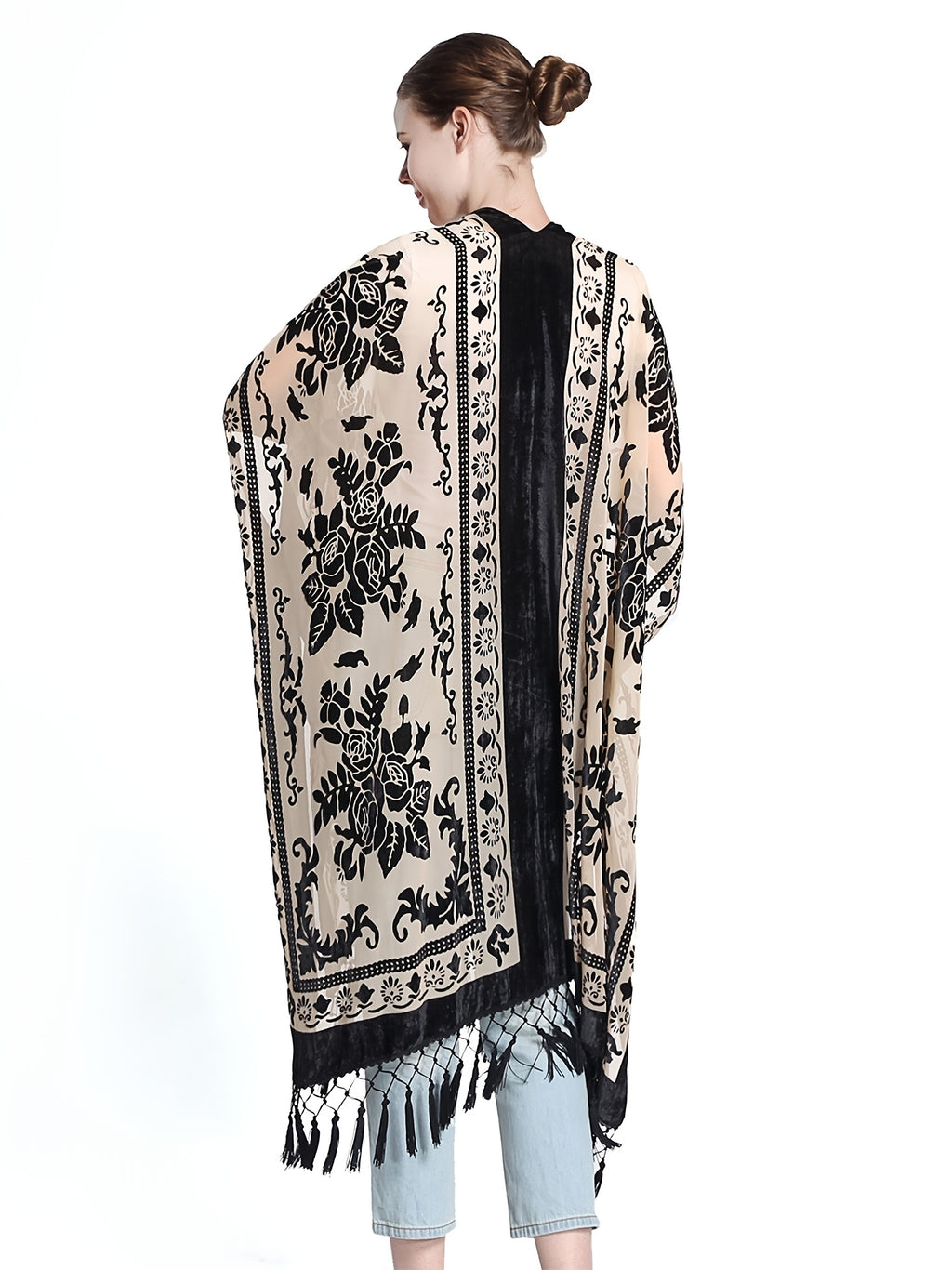 Boho Burnout Velvet Kimono Women Long Cardigan Cover Up Tassel Floral Embroidered One Size