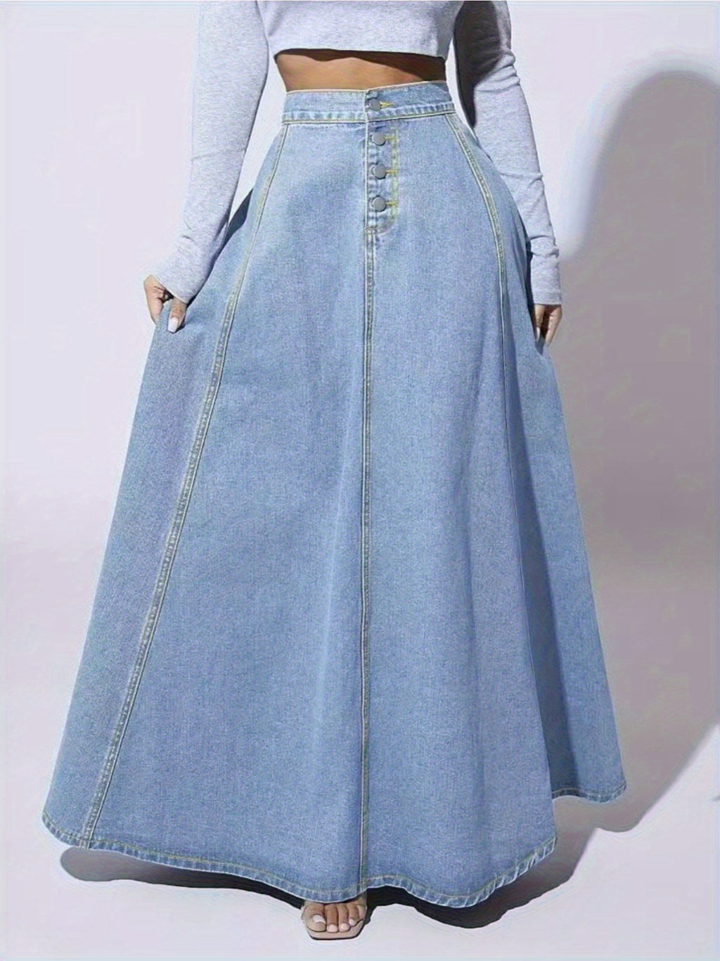 Women Single Breasted Denim Midi Skirt Vintage Flared A-Line Lace Patchwork Flowy Dark Blue XS-XXL Spring Summer Fall
