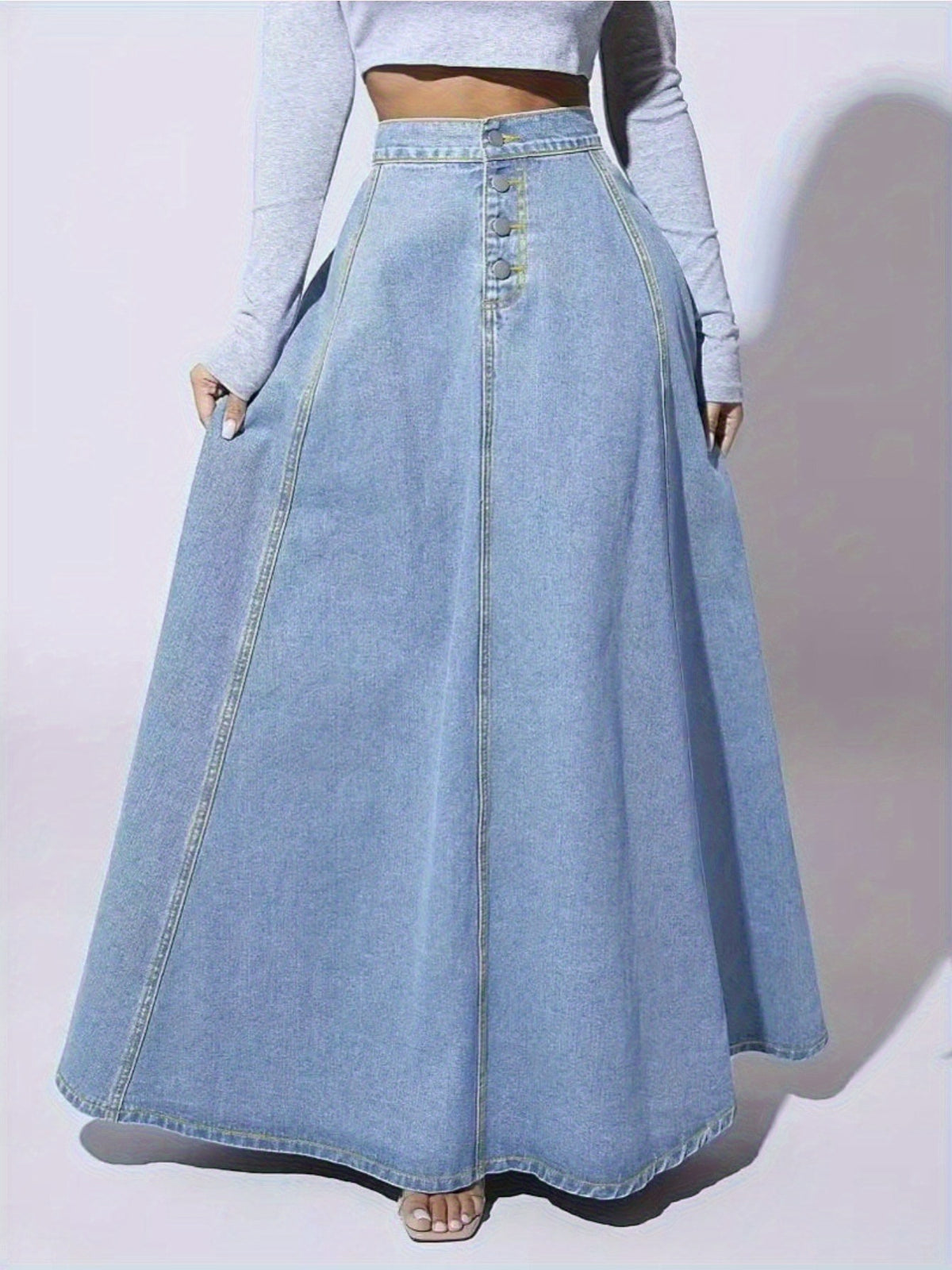 Women Single Breasted Denim Midi Skirt Vintage Flared A-Line Lace Patchwork Flowy Dark Blue XS-XXL Spring Summer Fall