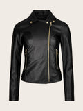 Faux Leather Moto Jacket for Women, Asymmetrical Zip Slim Fit Biker Coat with Gold Hardware and Zippered Pockets, Edgy Street Style Rock Outerwear for Fall Winter