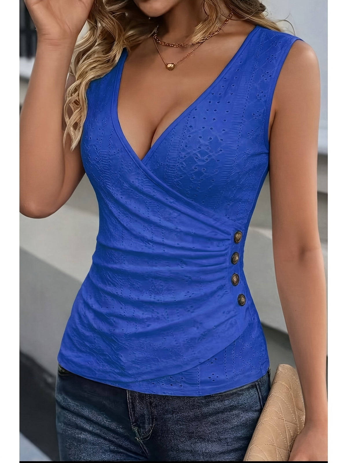 Women's V Neck Eyelet Embroidery Tank Top Lace Blouse Sleeveless Ruched Summer Top Boho Button Side Wrap Front Shirt Slim Fit Flattering Daily Beach Office Vacation