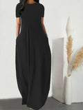 Loose Long Dress with Pockets Women Short Sleeve Geometric Print Round Neck Casual Vacation Maxi Dress S-XXL