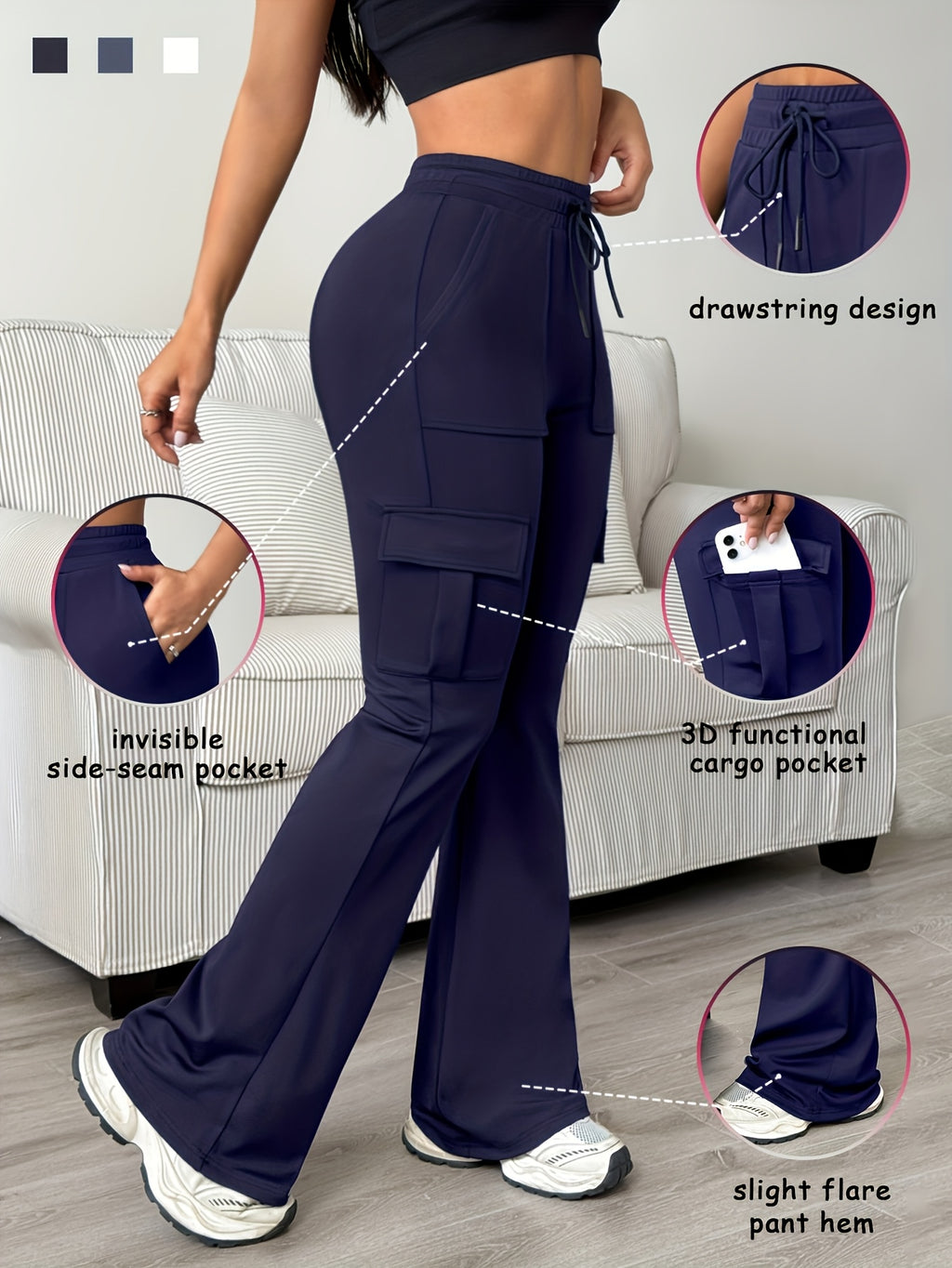 Wide-Leg Drawstring Sweatpants Women Solid Color Elastic Waist Micro Flare Pants with Pockets Stretchy Casual Daily Wear S-XL