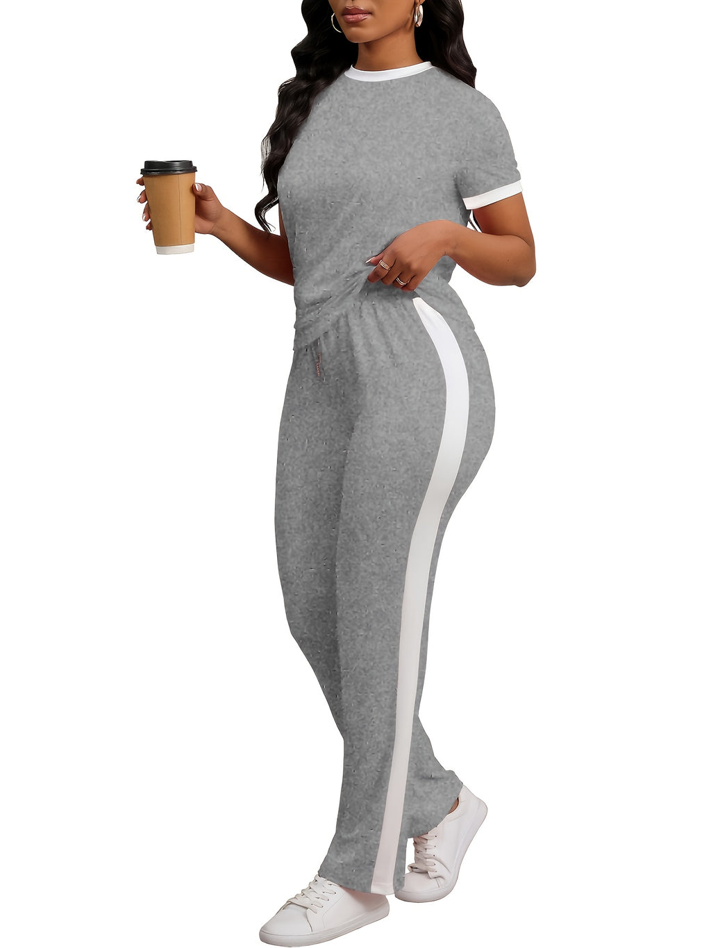 Women Colorblock 2 Piece Tracksuit Set Short Sleeve Crew Neck Top Striped Sweatpants Casual Lounge Jogger Matching Outfit for Workout Everyday Wear