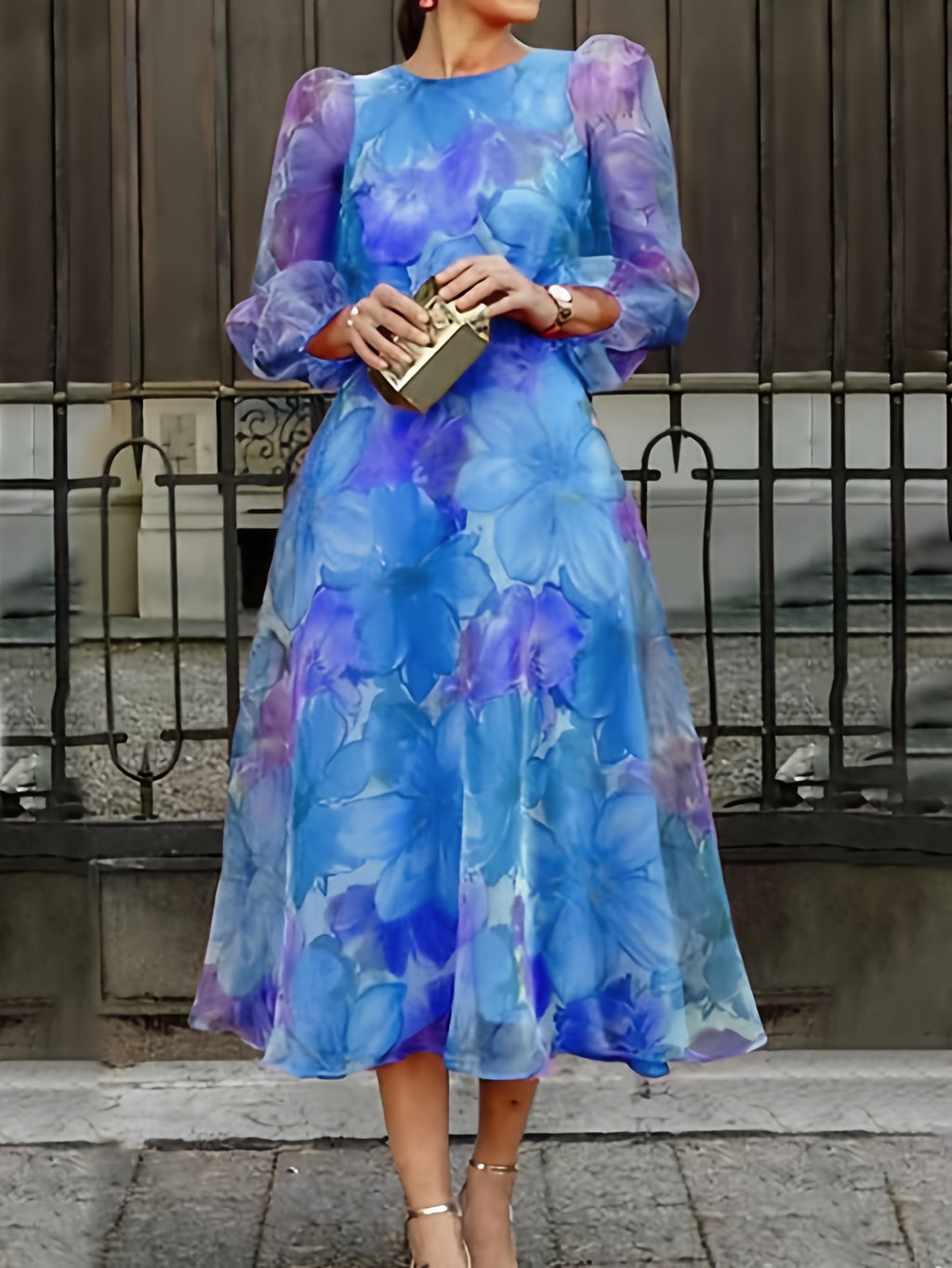 Floral Print Chiffon Maxi Dress Women Ombre Gradient Long Sleeve Back Zipper Flowy Wedding Guest Party Dress