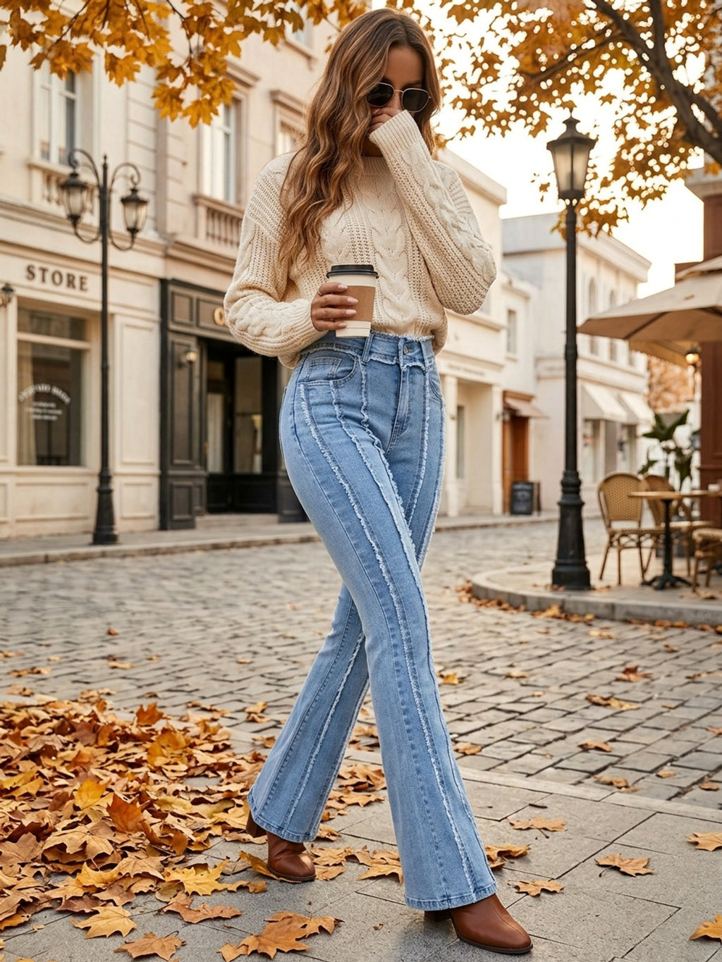 High Waist Stretch Bell Bottom Jeans Women Fringe Flare Denim Pants Outdoor All Season Light Blue Ginger XS-XL