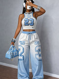 Color-Block Number Print Vest & Wide-Leg Pants 2-Piece Set for Women – Sexy Street Fashion Outfit with Belt and Drawstring Waist, Party Casual Loose Suit