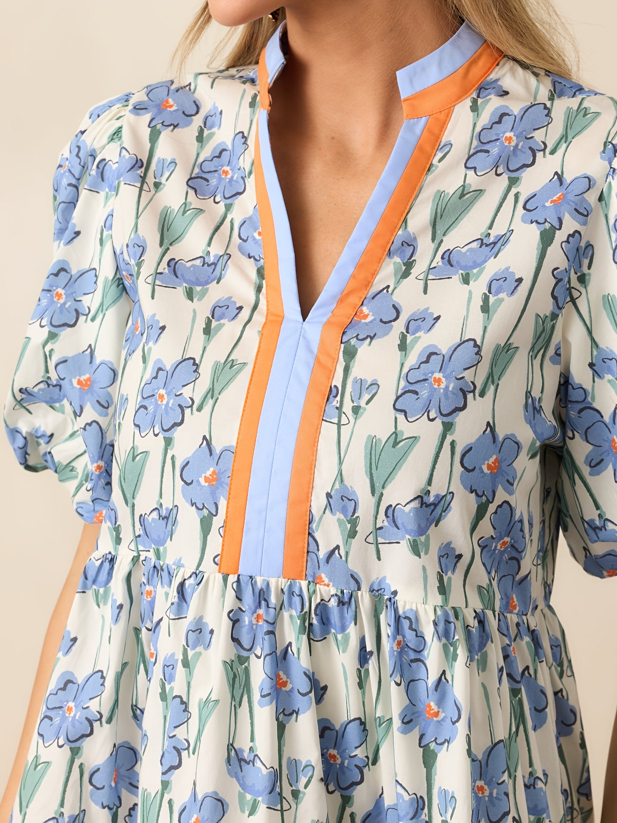 Puff Sleeve Floral Mini Dress Women Boho V-Neck Loose Flared Hem Lightweight Beach Vacation Dress Summer S-XXL