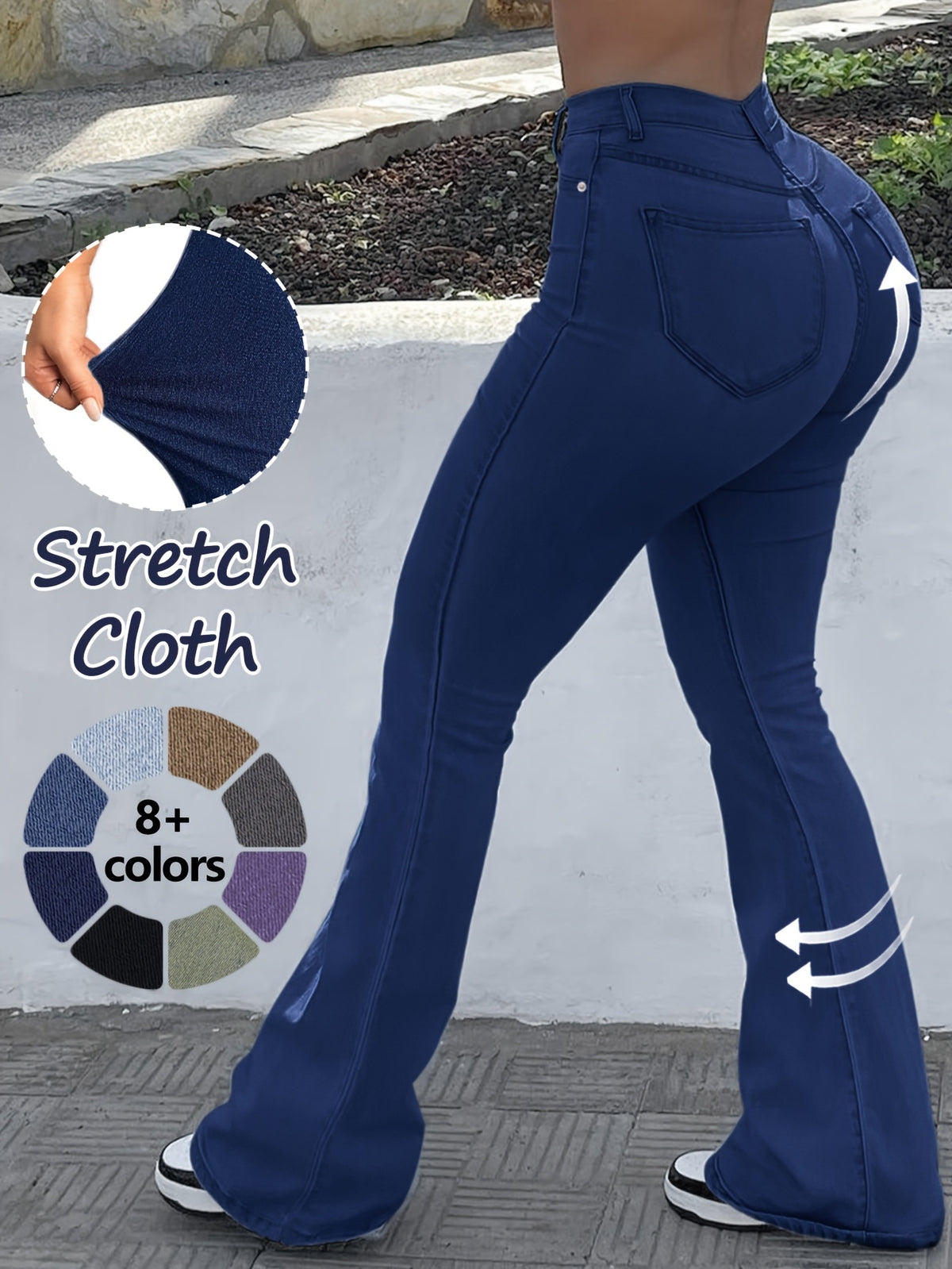 High Waist Stretch Flare Jeans Women Wide Leg Pants with Pockets – Solid Color Street Style, All-Season Comfortable Denim, Machine Washable