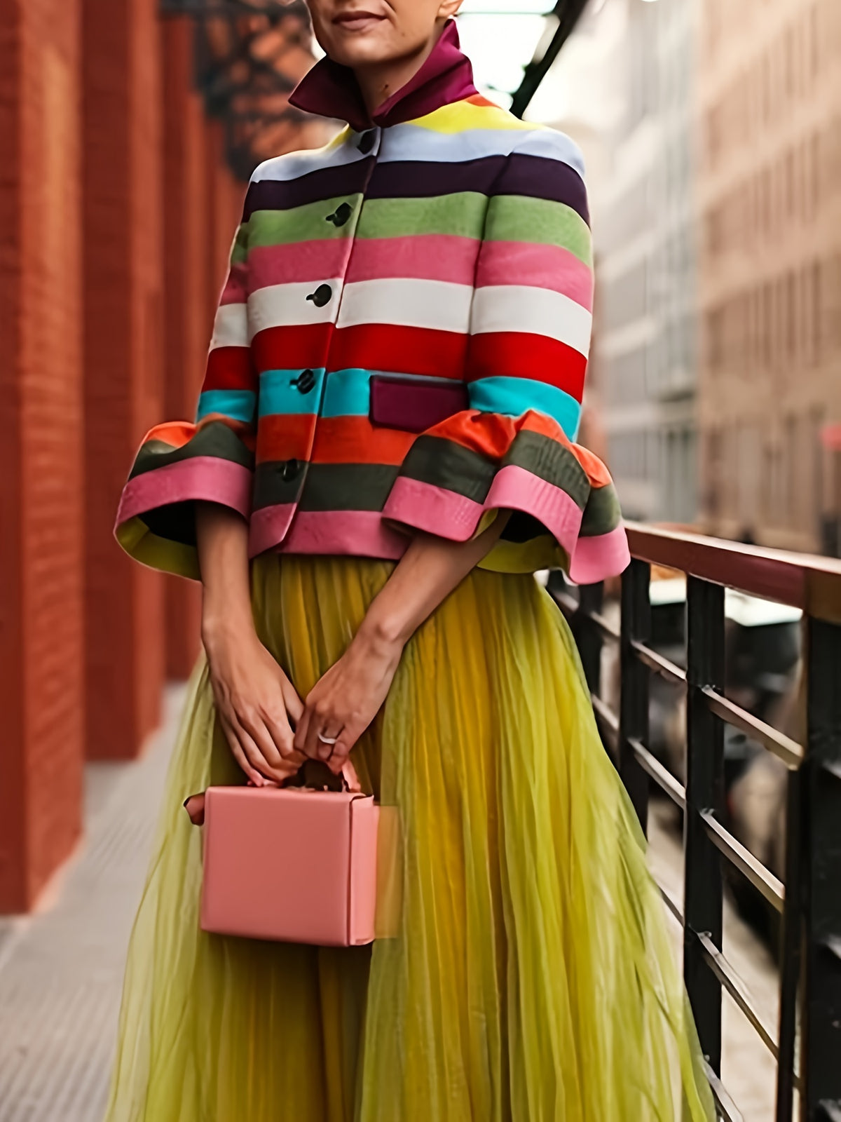 Vintage Striped Lapel Jacket Women Flared Sleeve Multi Color Elegant Party Evening Outerwear Spring Fall Colorful