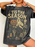 Haunted Season Print Washed Batik Retro T-Shirt - 230G Drop Shoulder Crew Neck Regular Fit Half Sleeve Summer Tee, Vintage Style Beach Must-Have S-XXL