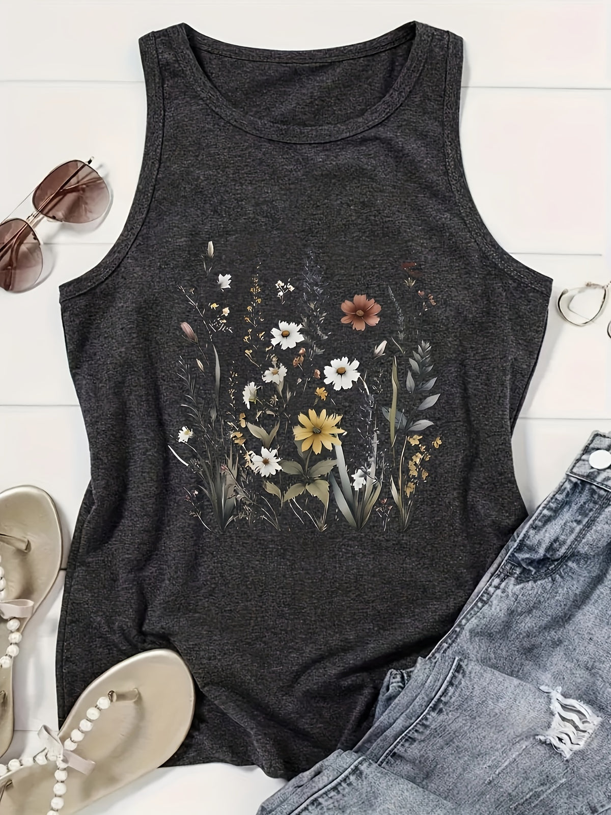 Graphic Print Tank Top Women Casual Crew Neck Sleeveless Tee Shirt Summer Workout Everyday Dark Gray S-XXL