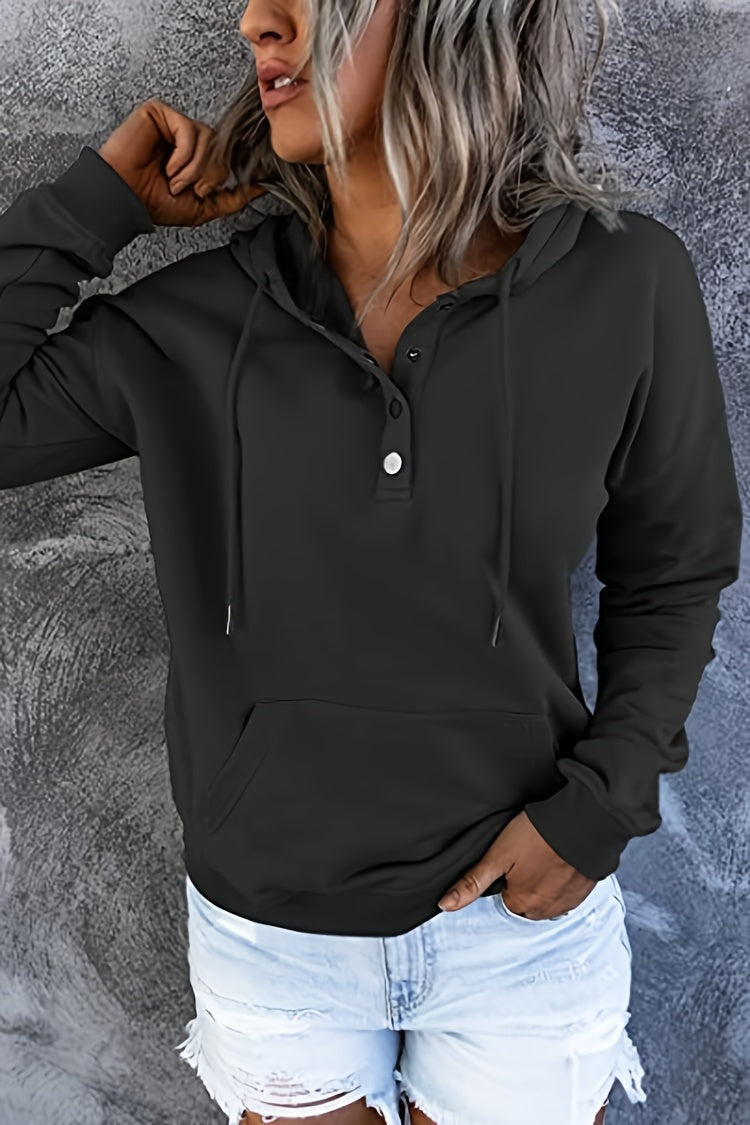 Women Oversized Button Hoodie Sweatshirt Long Sleeve Kangaroo Pocket Ribbed Cuff Casual Pullover Black Grey Burgundy Apricot S-XXL