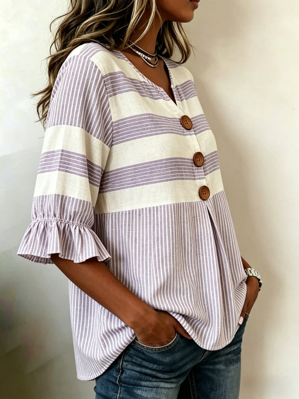 Striped V-Neck Blouse Women Ruffle 3/4 Sleeve Loose Fit Tunic Top Lightweight Linen Button Detail Summer Shirt S-2XL