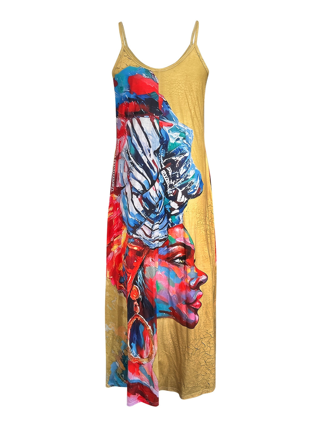 Portrait Print Spaghetti Strap Maxi Dress Women Long Summer Casual Boho European American Style Dress S-XXL