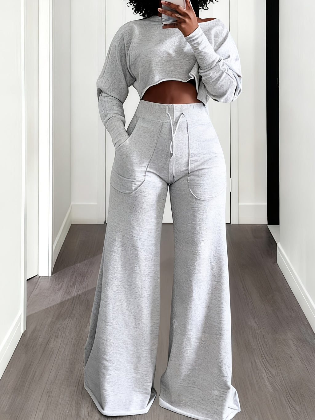 2pcs Lounge Set Women Cropped T-Shirt High Waist Sweatpants Drawstring Straight Leg Cozy Casual Fall Winter Matching Outfit