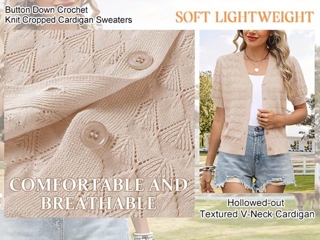 Women's Cropped Crochet Cardigan Puff Sleeve Linen Blend Sheer Lace Knit Short Top Breathable Lightweight Spring Summer Boho Fashion